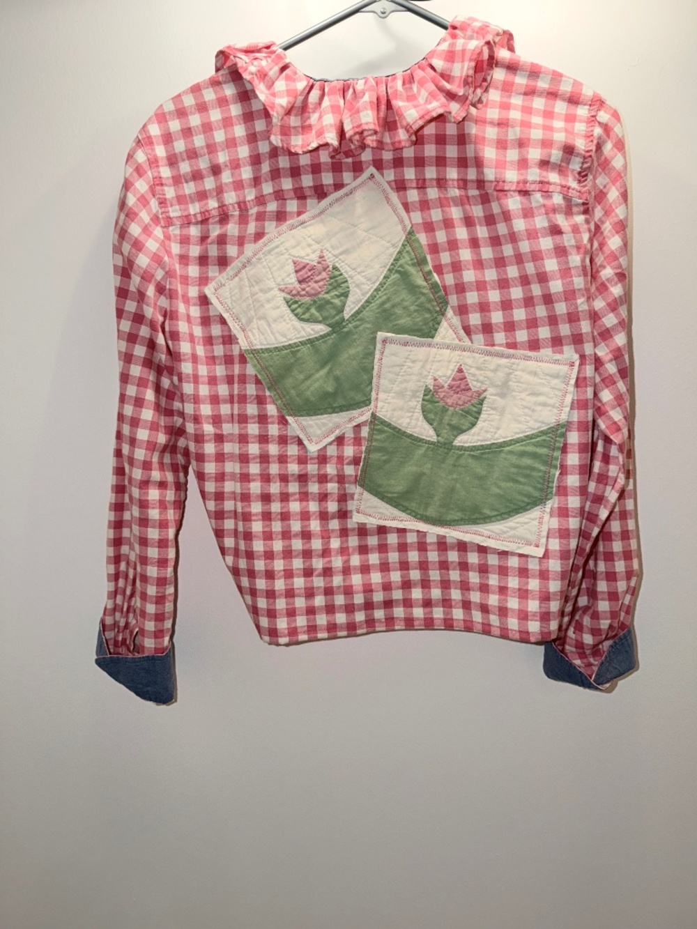 Upcycled Women's Talbots Pink & White Gingham Blouse Ruffle Neck & Quilt Blocks